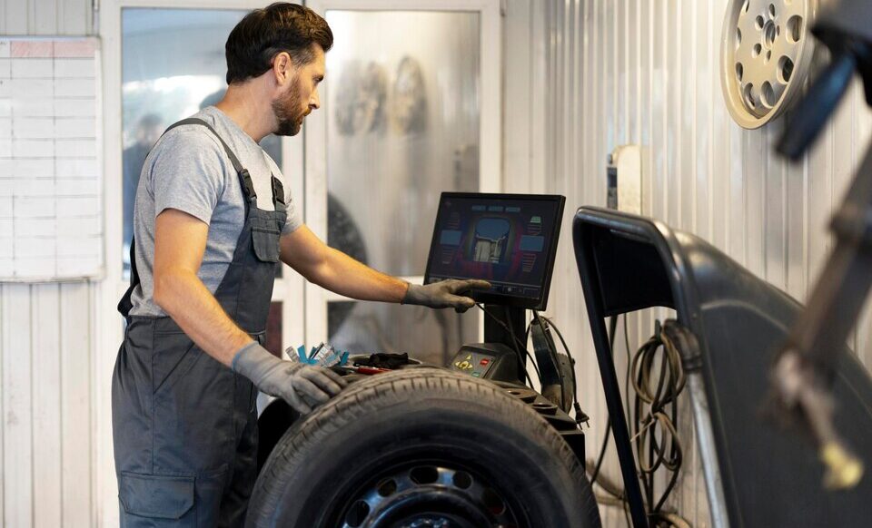 mechanic-using-computer-balancing-machine-car-wheel-large Neil Arnold Tyres And Autos Mechanic using wheel alignment equipment to check a tire
