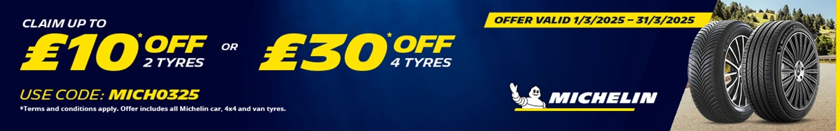 Michelin tire sale: £10 off 2 tires, £30 off 4. Valid 1/3/2025-31/3/2025. Use code MICH0325.